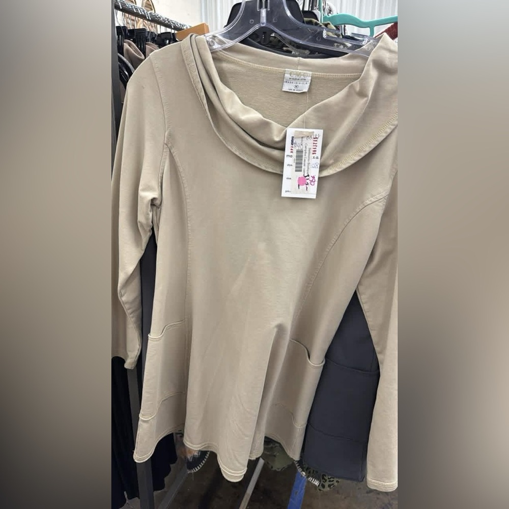 Relaxed Cowl Neck Long-Sleeve Sweater Tunic in Taupe